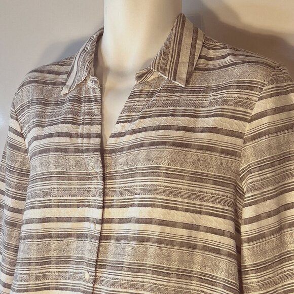Anne Klein SZL Gray & White stripe linen Shirt Shacket Old Money Quiet Luxury - Picture 3 of 10